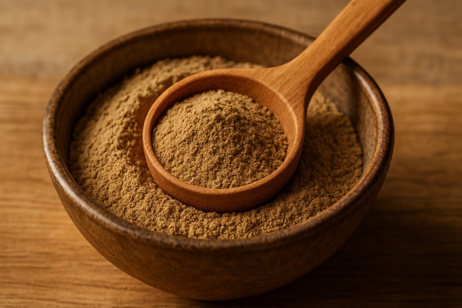 Measuring spoon with kava powder in a bowl.