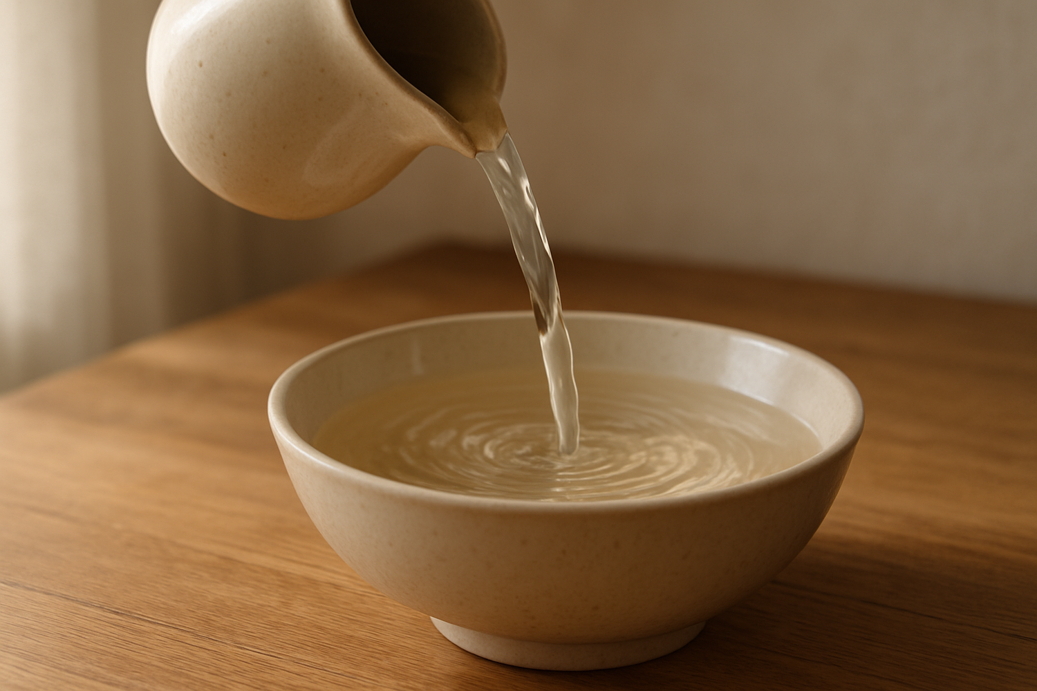 Pouring warm water into a bowl (not boiling).