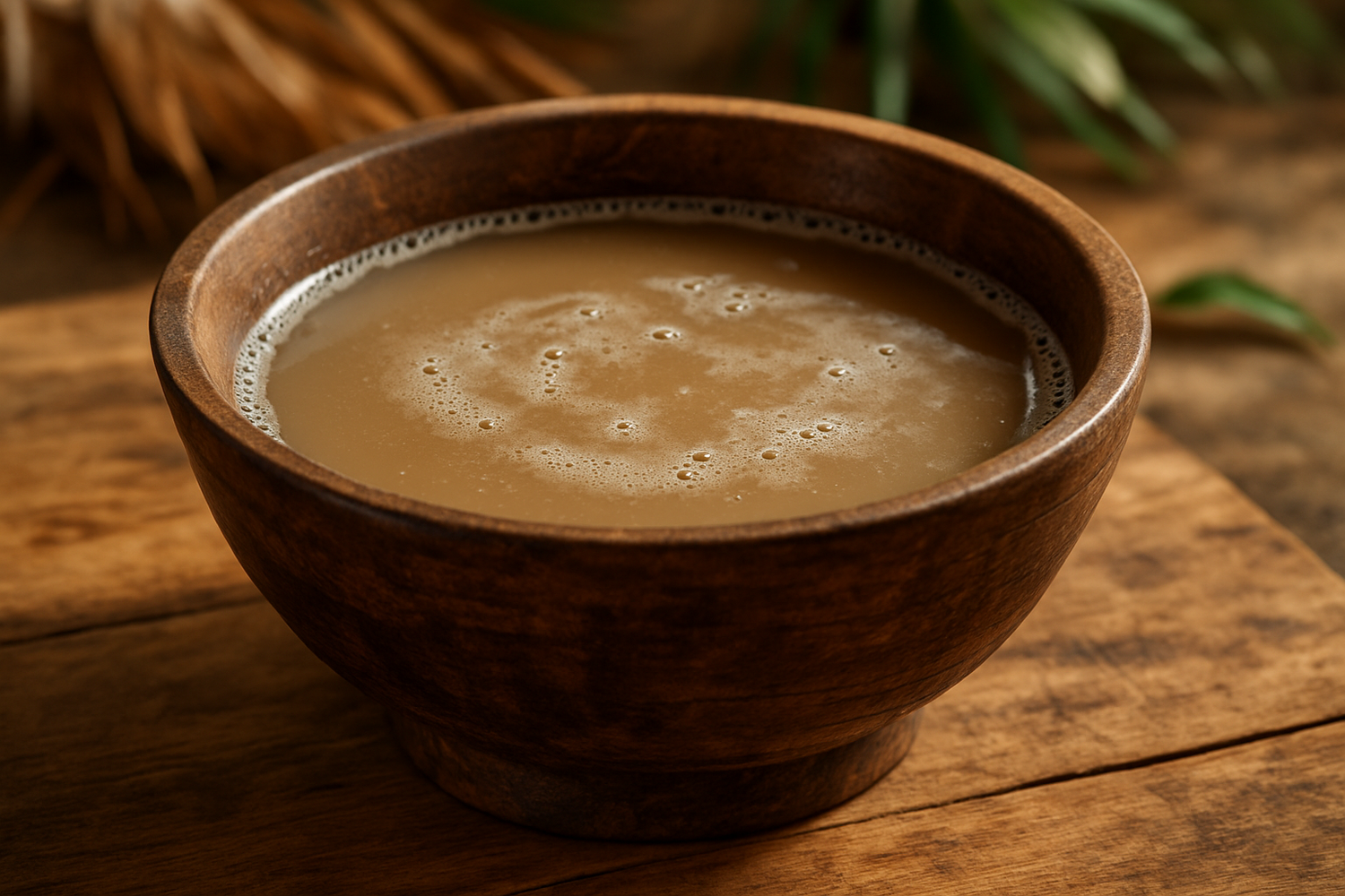 Wooden bowl or cup filled with kava, ready to drink.
