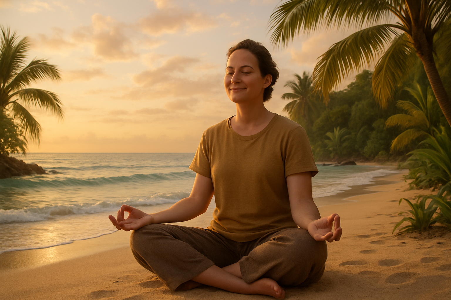 A calm person meditating, sitting peacefully by the ocean or in nature with a relaxed smile.