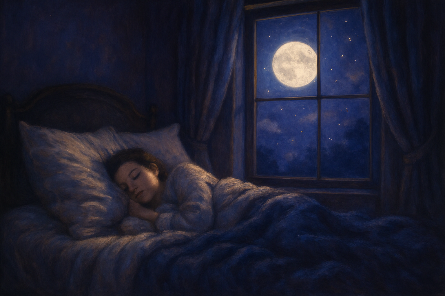A person sleeping peacefully in a cozy bed, or a moon/star night illustration.