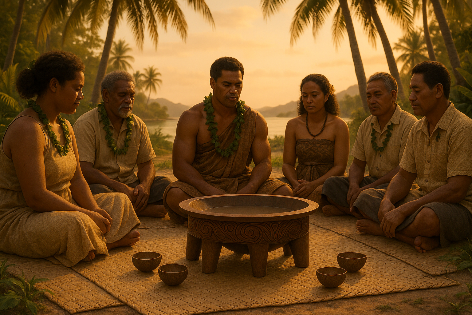 A traditional Pacific Island kava ceremony — people sharing a kava bowl, or a rustic kava root close-up.