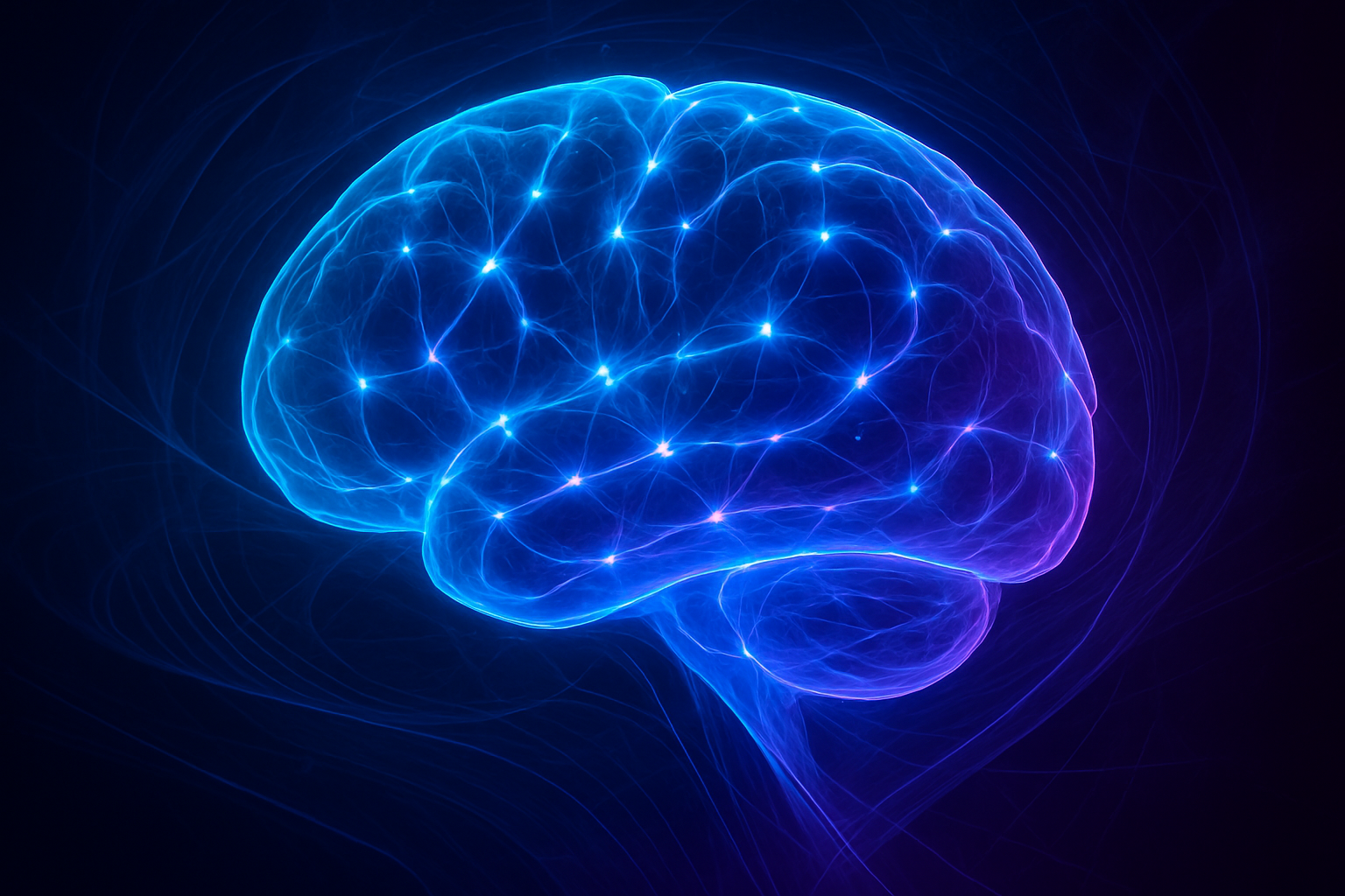 Abstract glowing brain graphic, or a person reading/working with focus and clarity.